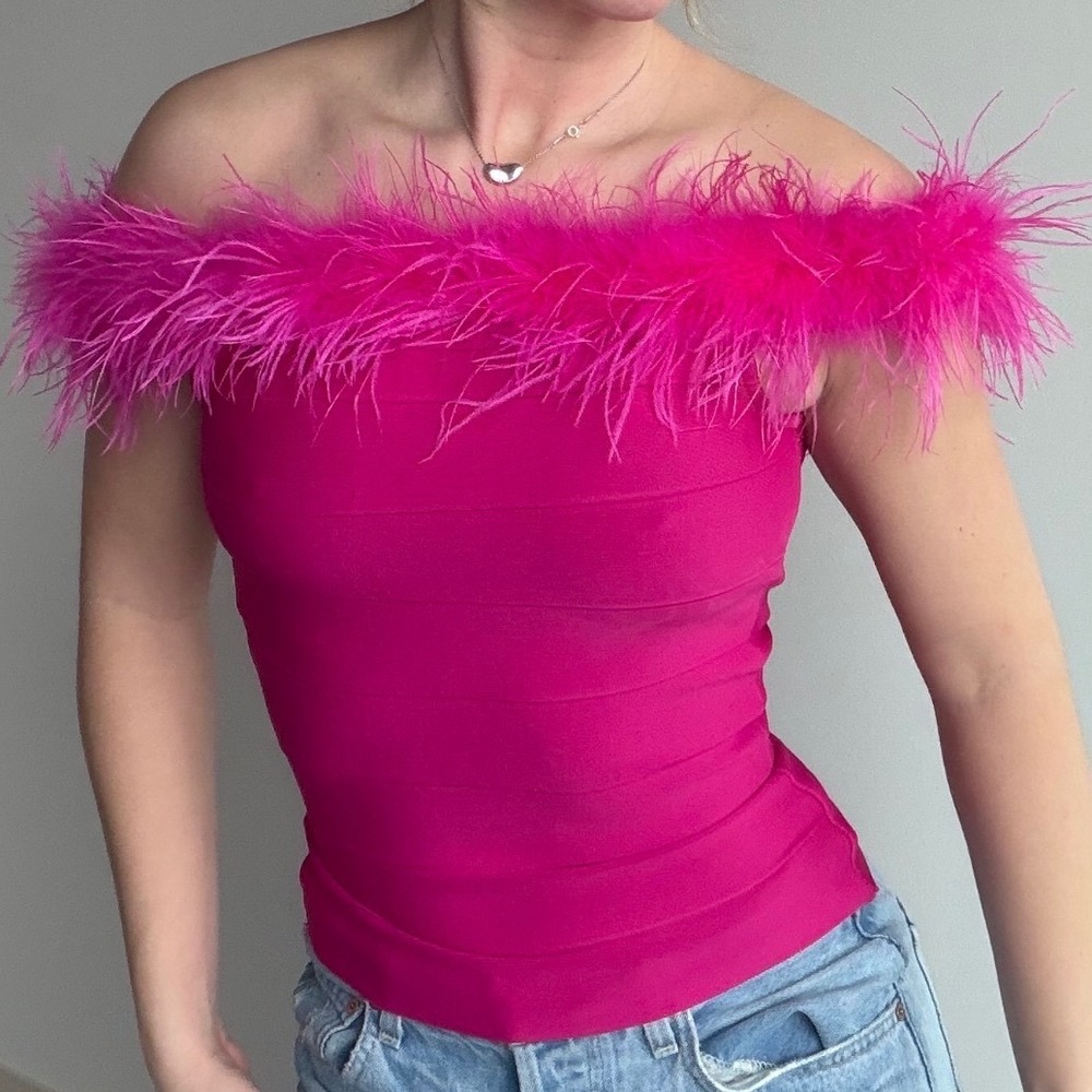 Karen Millen Feather Trim Hot Pink Bandage‎ Top Size XS
